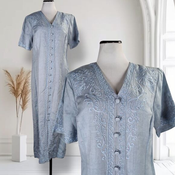 Vintage Sarah Elizabeth Linen Blend Sheath Maxi Dress Size 12 Button Embroidery - Picture 1 of 16